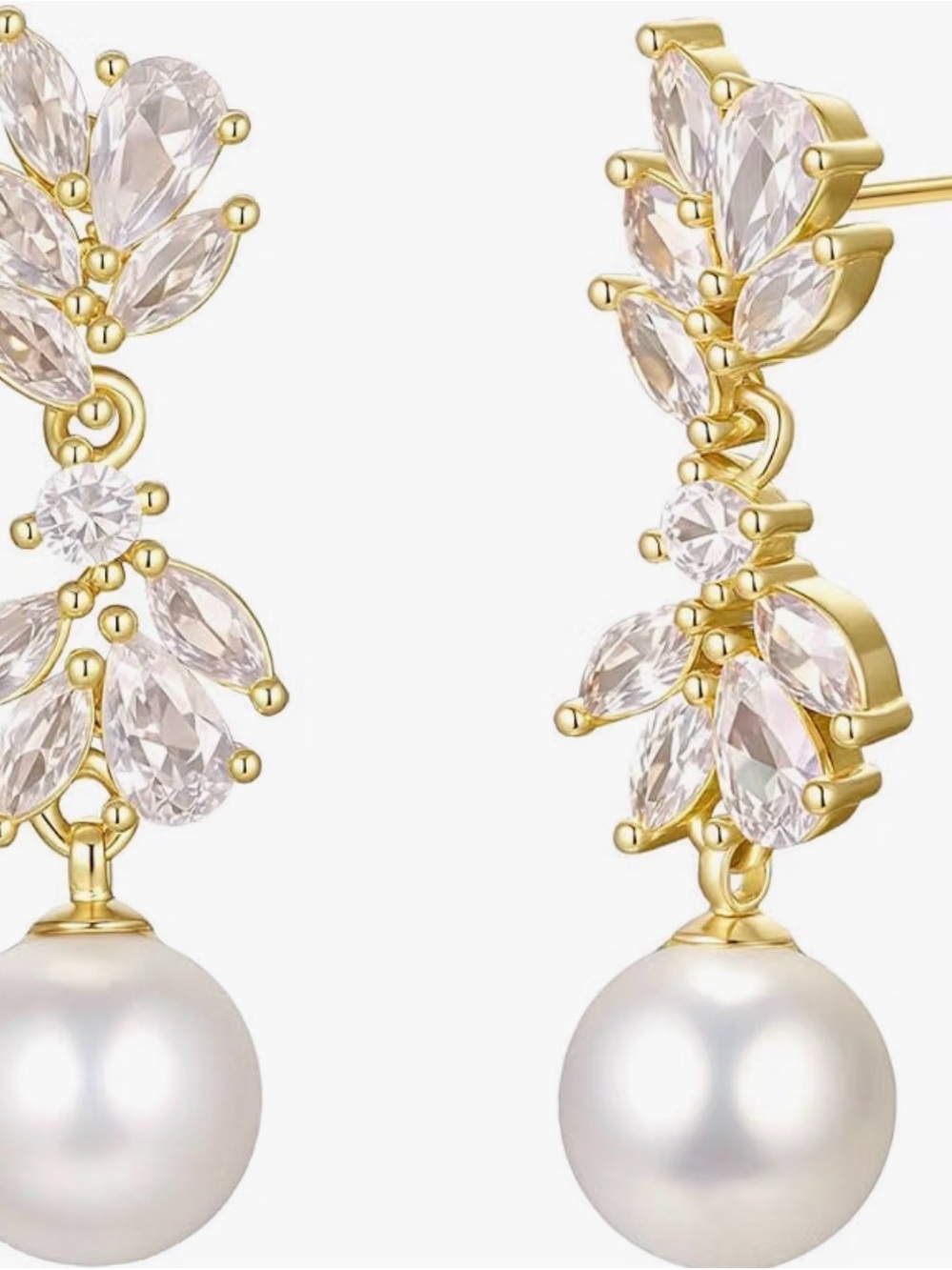 Gold Pearl Drop Earrings with Clear Crystal Accents